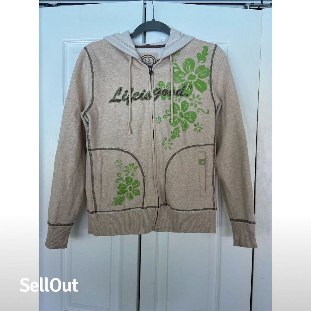 Life Is Good Women's Beige Floral Full Zip Hoodie Jacket Size S